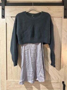 Anthropologie Dark Teal Cropped Ribbed Crewneck Sweater